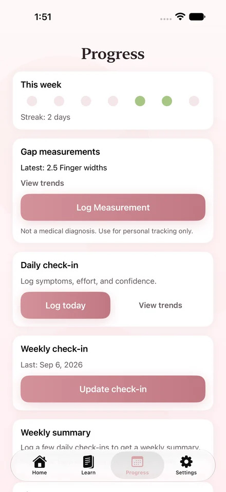 Reknt Progress screen showing example session and check-in records
