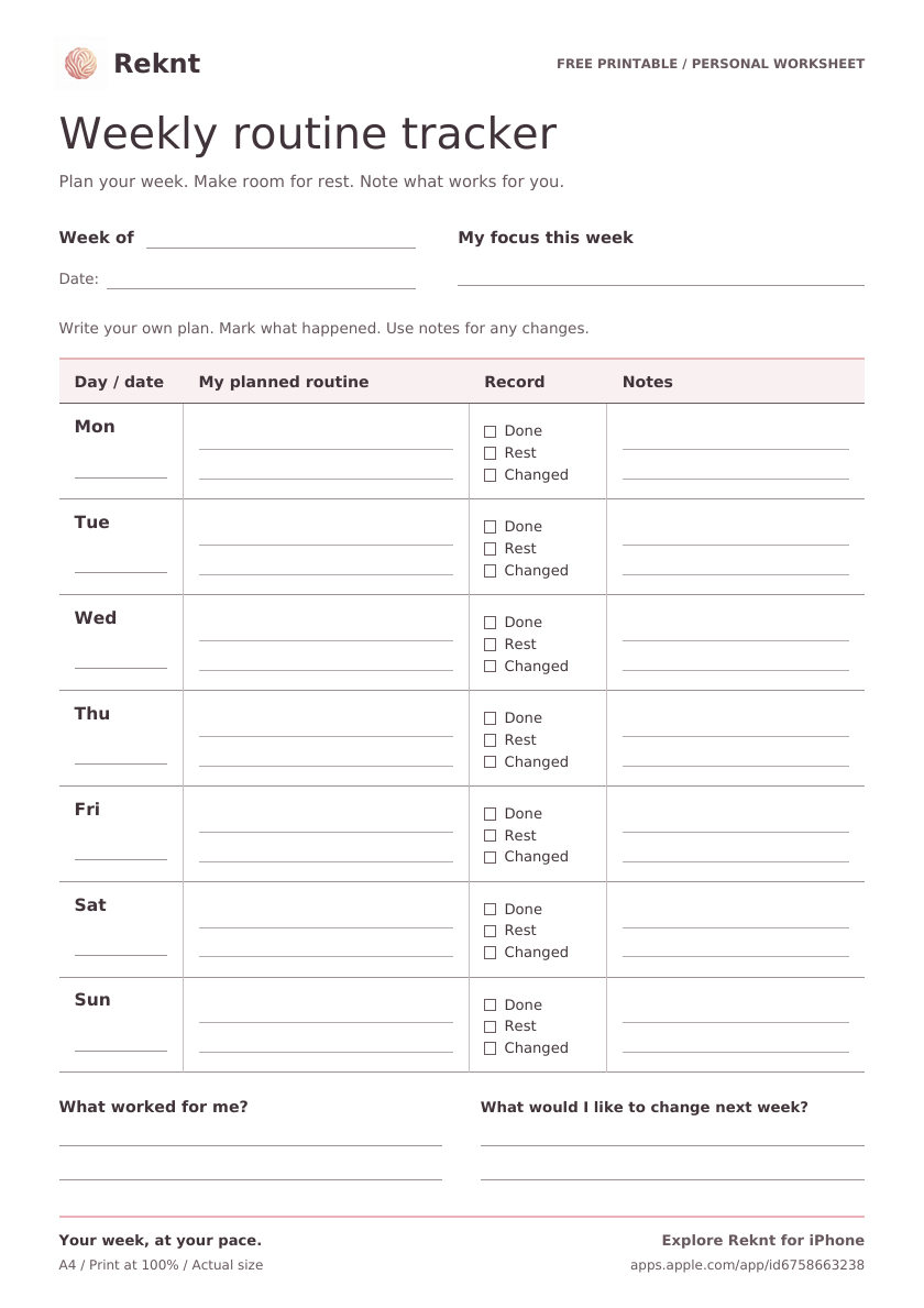 Preview of the free Reknt weekly routine tracker: space for your weekly focus, Monday to Sunday routine, Done, Rest or Changed, and notes