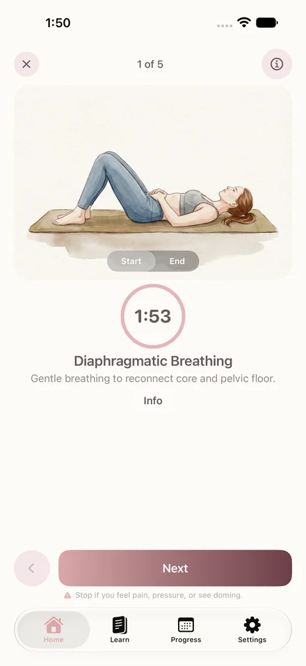 Reknt exercise player showing an exercise illustration and breathing cues